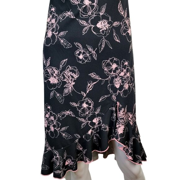 Vintage 90s Floral Dress Women Medium 8 Ruffle Knee Length Strap Black Pink New - Picture 6 of 15